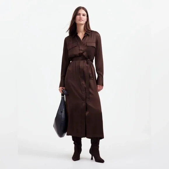 Madewell 100% Silk Chocolate brown Midi Statement Shirtdress - Picture 1 of 4